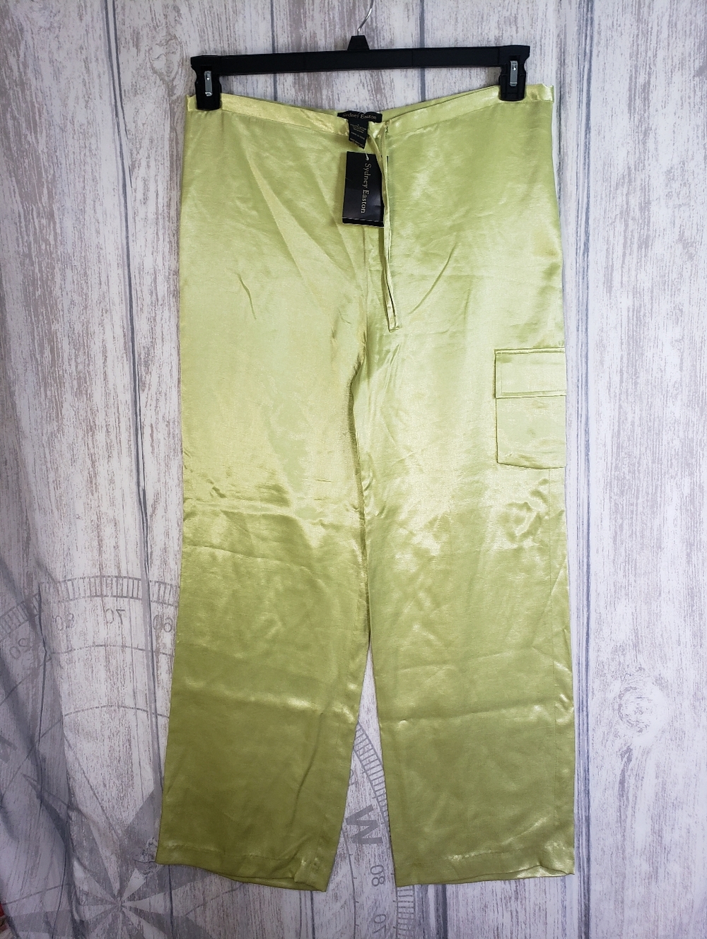 90s Y2K Sydney Easton Chartreuse Satin Lounge Pants Drawstring Waist Sz Small